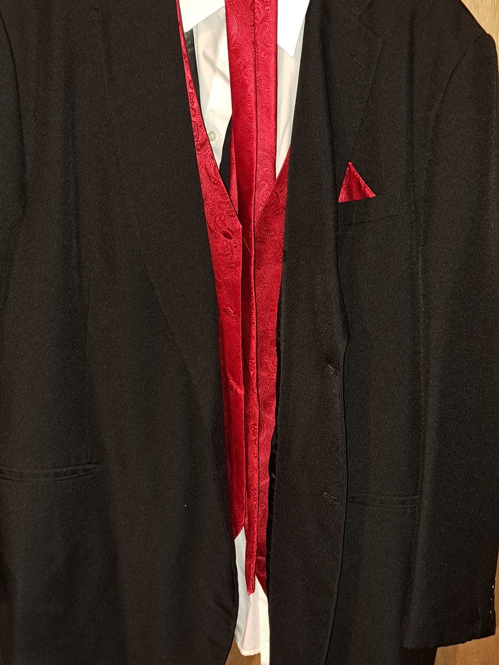 Men's Black Suit Jacket with Red Tie & Pocket Square